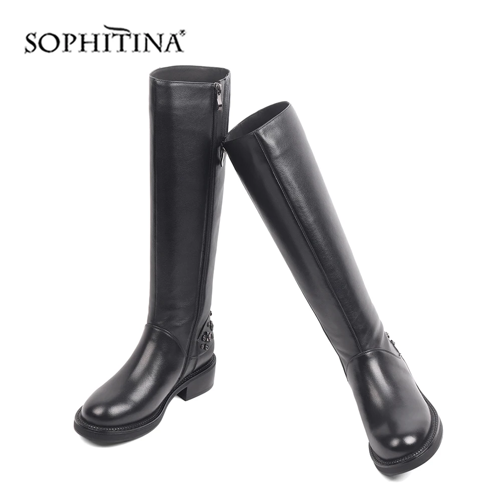 SOPHITINA/теплые женские ботинки из высококачественной натуральной кожи; удобная обувь с круглым носком на квадратном каблуке; Новые однотонные ботинки на молнии; SC431