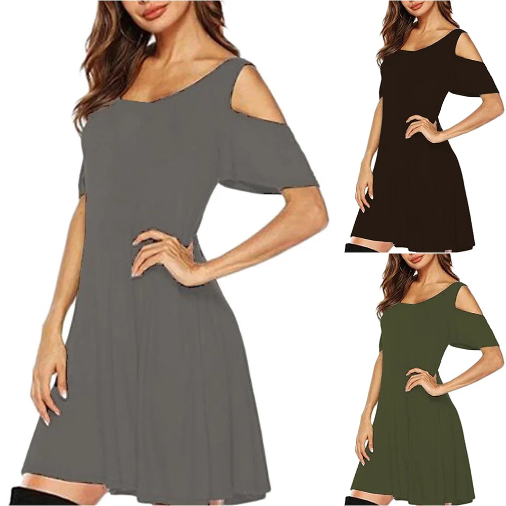 

Womens Casual Cold Shoulder T-Shirt Dress Solid Color Baggy Loose Mini Sundress Hollow Out Short Sleeve Plus Size