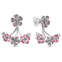 authentic 925 sterling silver popular earring pink enamel peach blossom hanging earring with crystal for women jewelry gift