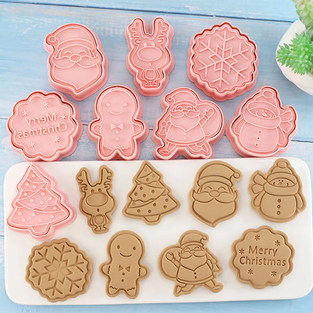 

8pcs Christmas Cartoon Biscuit Mold Snowman Elk Snowflake Cookie Cutter Plastic Baking Mould Diy Fondant Cake Decorating Tool