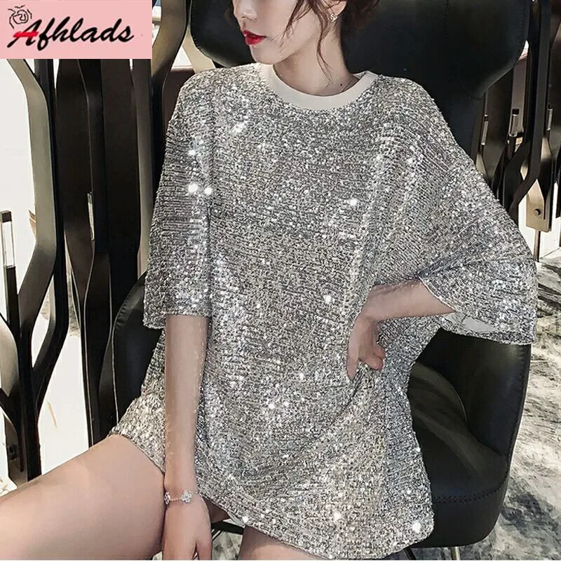 Женская Блестящая футболка с коротким рукавом и блестками свободная уличная