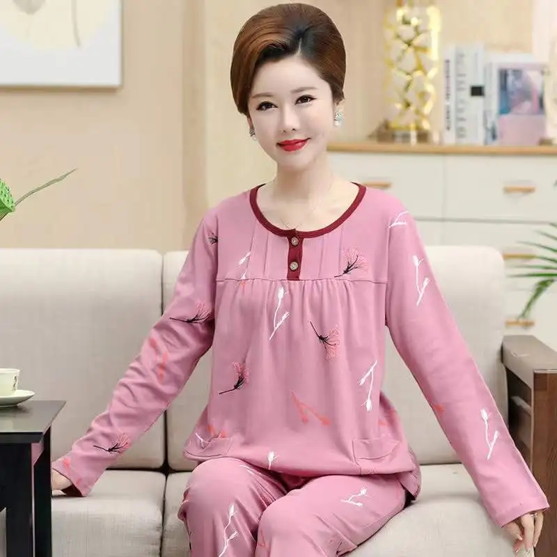 Spring Autumn Pajama Set For Women Long-Sleeved Trousers Round Neck 2-Piece Set Home Clothes Pyjamas Plus Size Mother Pajamas