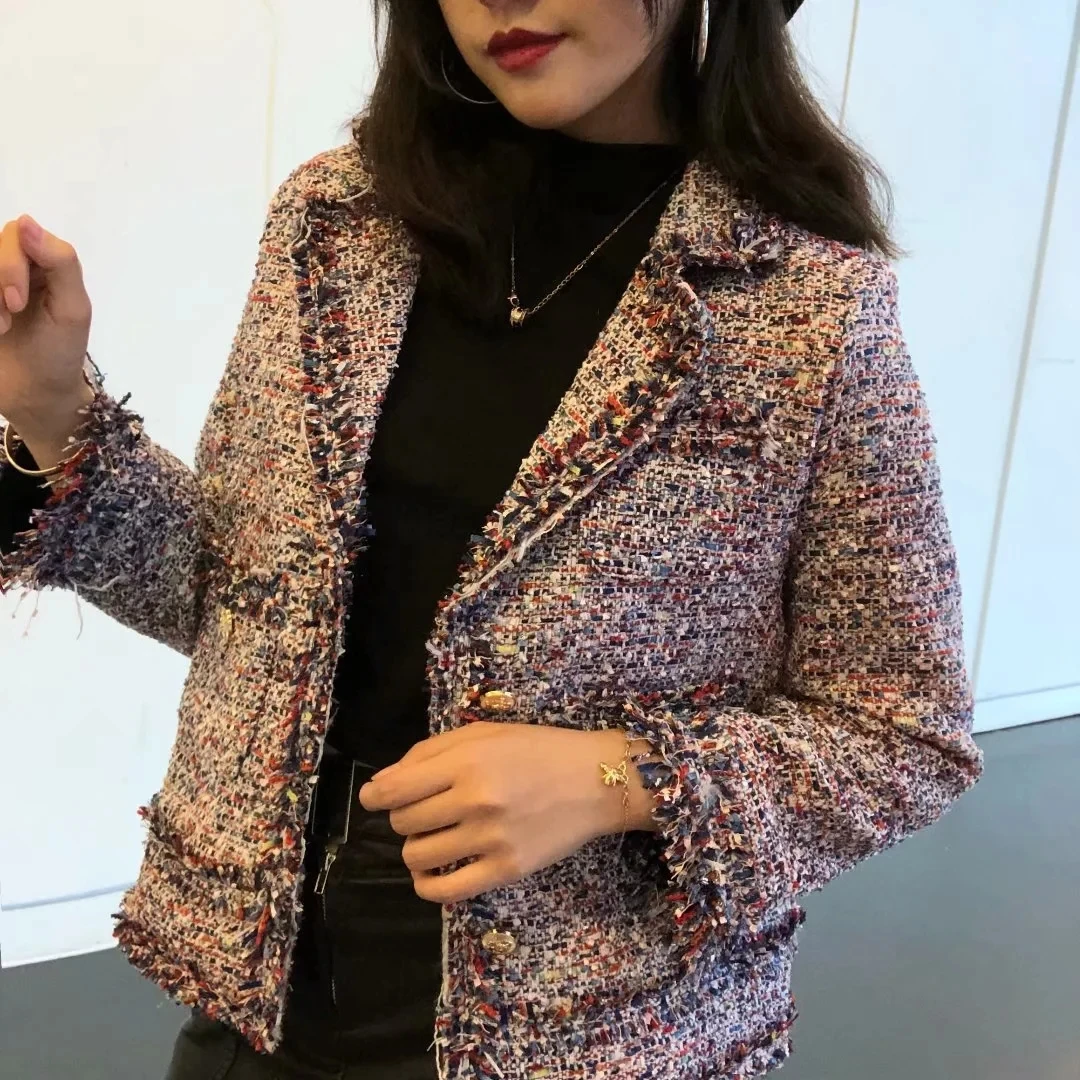 

Women Fashion Tweed Check Blazers Coat Vintage Long Sleeve Female Handmade Tassel Wool Outerwear And High Waist Short Skirt