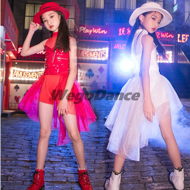 

New Children Performance Clothes Hip-hop Set Girl Jazz Dance Costume Catwalk Pu Leather Rave Outfits