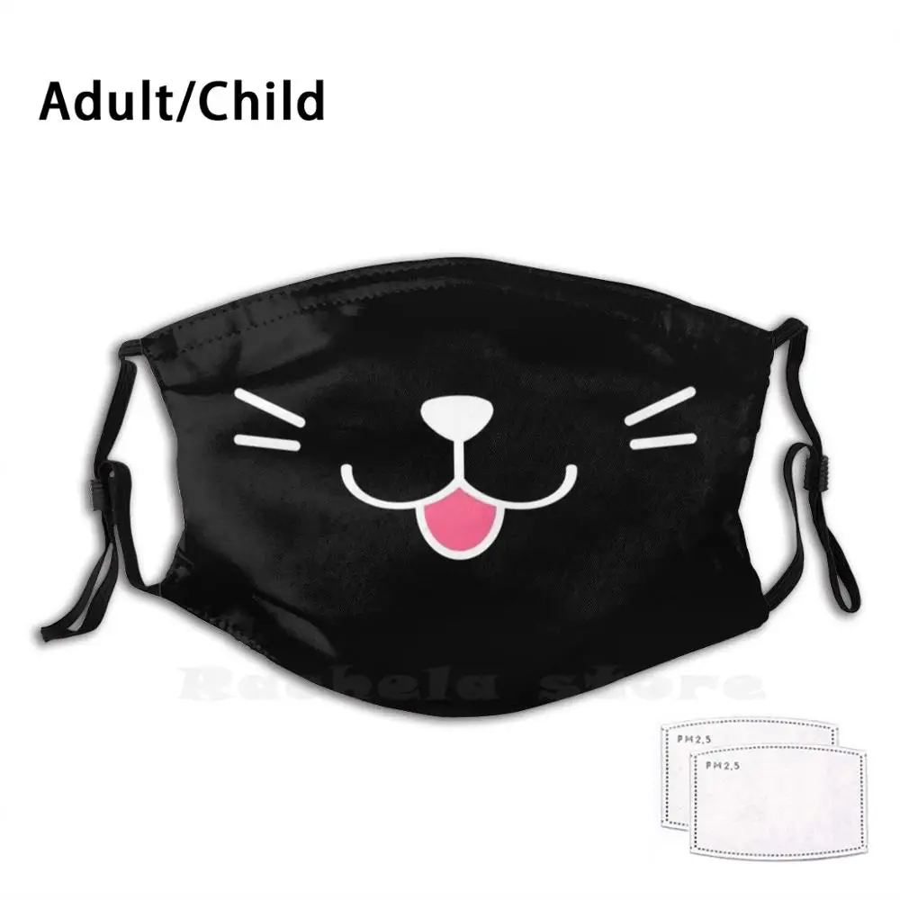 

Happy Kitty Black Funny Print Reusable Pm2.595 Filter Face Mask Anime Cheeky Mouth Face Smile Pink Happy Grin Facemask Neko Cat