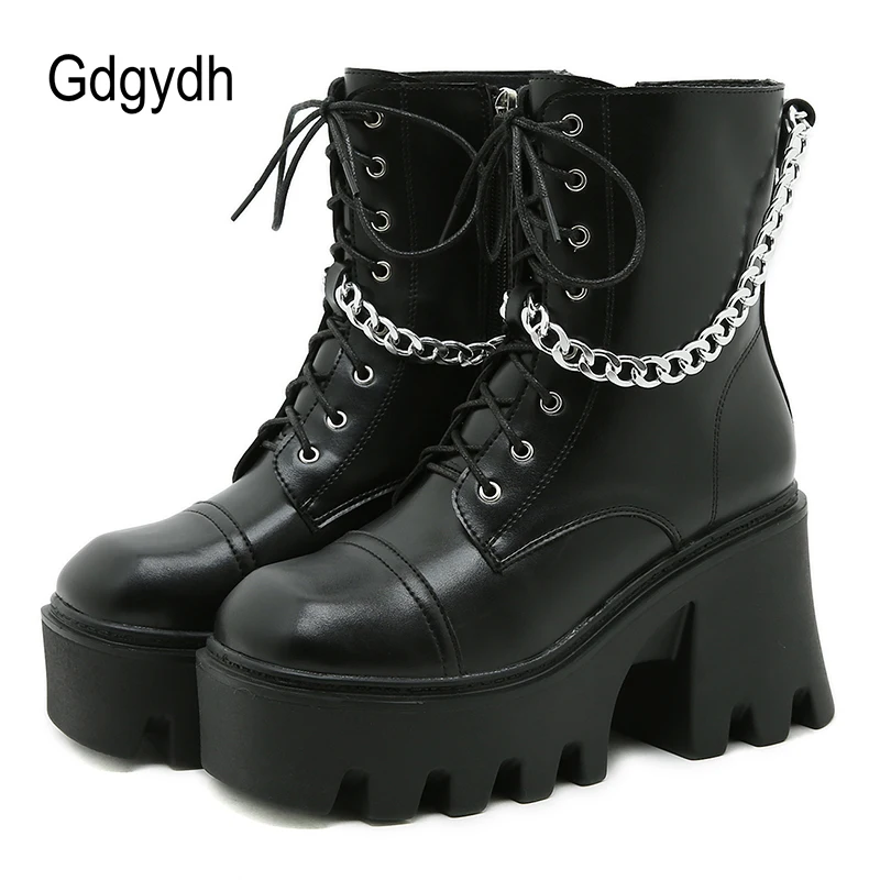 

Gdgydh Sexy Chain Combat Boots For Women Gothic Dark Platform Chunky Heels Side Zipper Top Quality High Boots Woman Rubber Sole