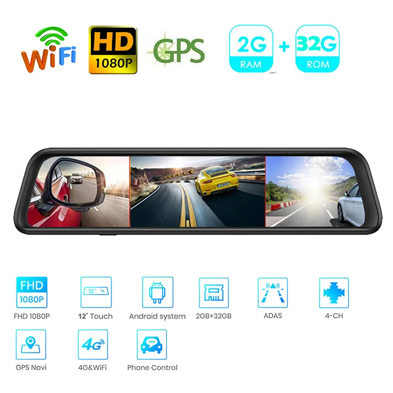 

12" 4 Cameras Car Dash Cam ADAS Android 4G Car DVR Video Recorder FHD 1080P Rearview mirror with GPS Navigation Dashcam