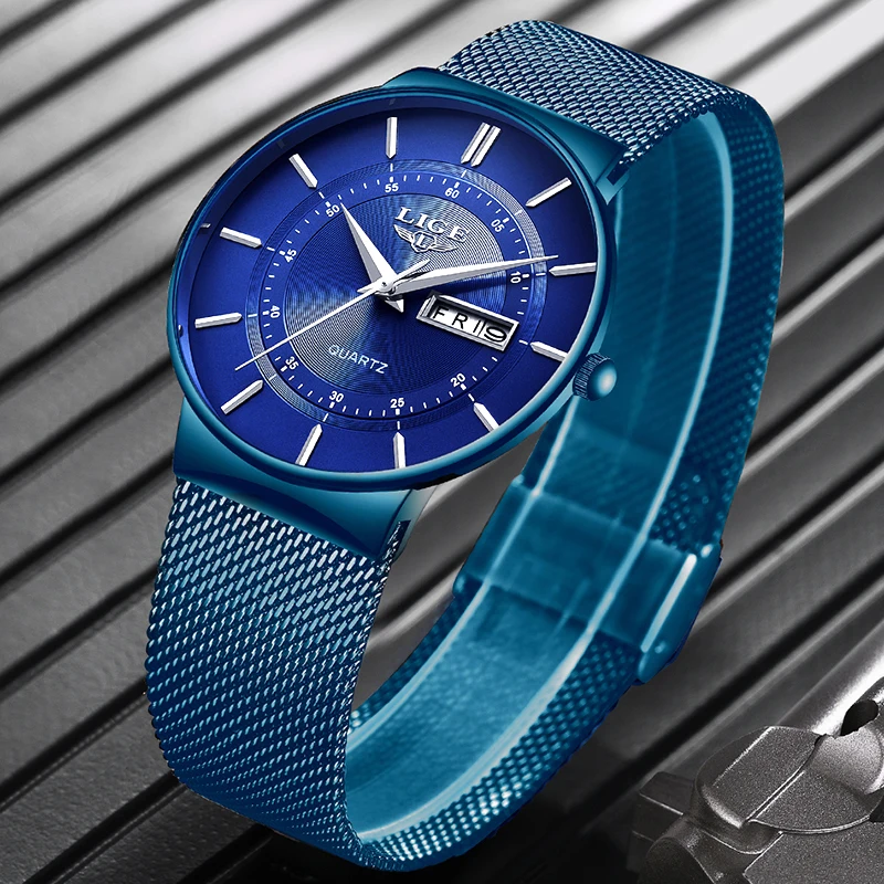 Часы LIGE мужские синие кварцевые водонепроницаемые | Наручные часы