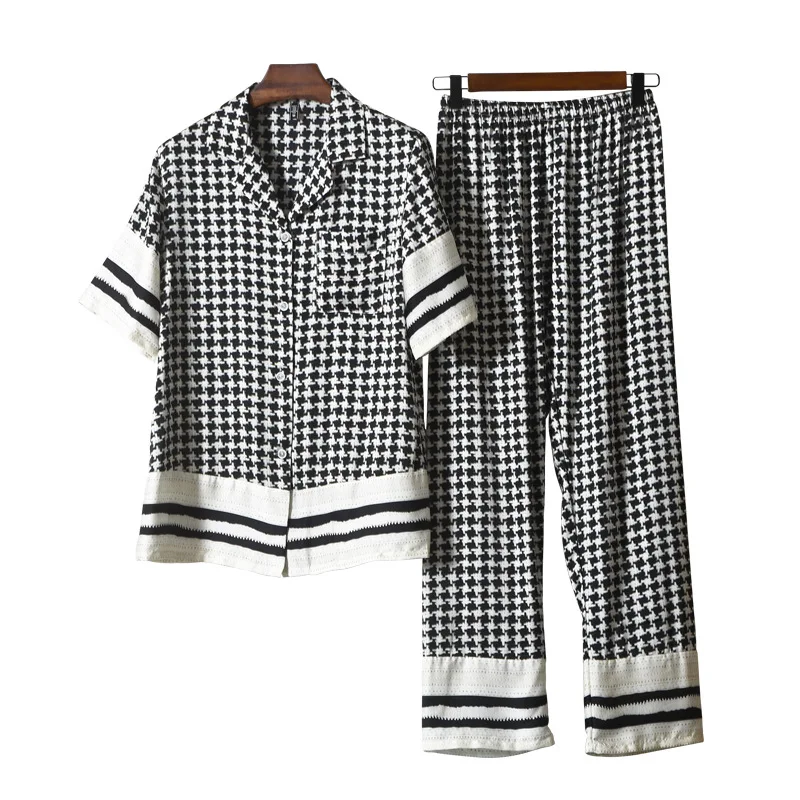 

Houndstooth 2PCS Pj's Sets With Trousers Satin Pajamas Printed Summer Nightwear Button-Down Lingerie Lapel Sleepwear Lounge Wear