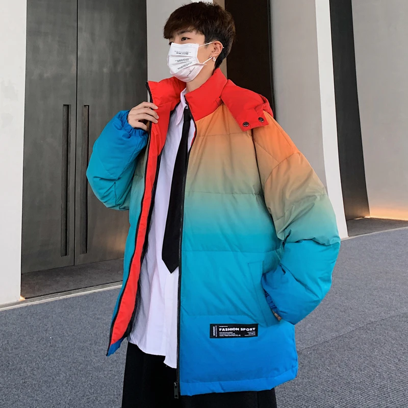 

Men's Winter Thick Warm Parkas Hooded Mixed Color Stand Collar Loose Style Coat M1