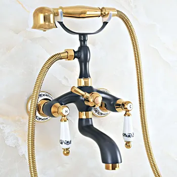 Black Gold Color Brass Wall Mount Bathroom Tub Faucet Dual Ceramic Lever Telephone Style Hand Shower Clawfoot Tub Filler ana441