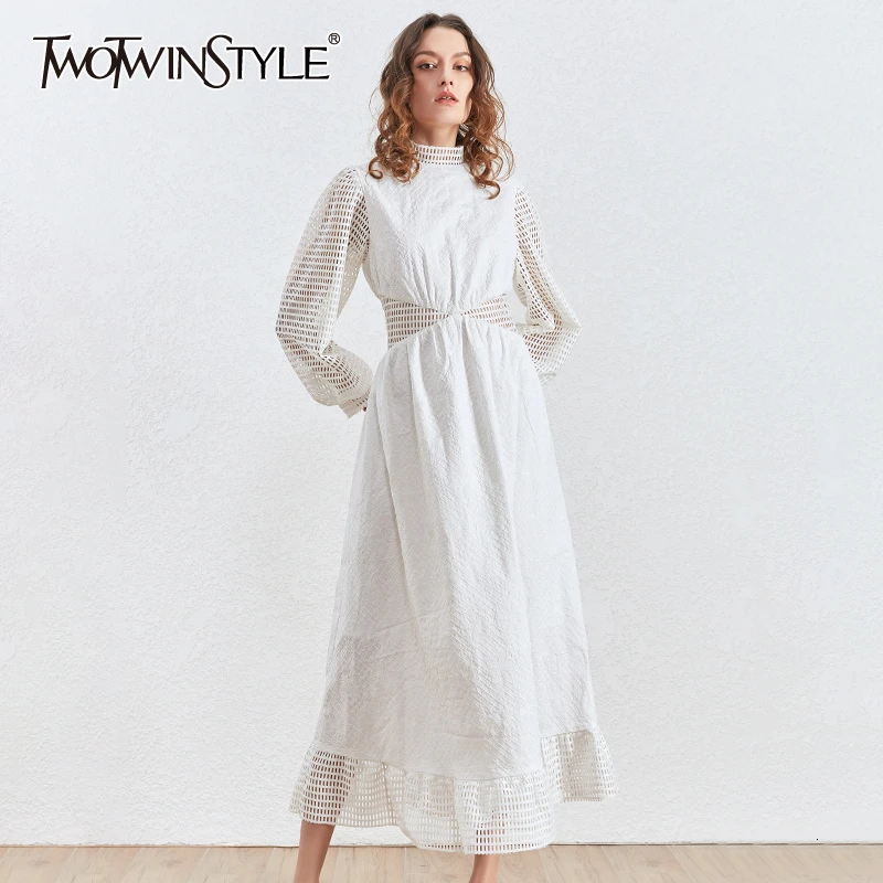TWOTWINSTYLE женское Свободное платье с высокой талией Лоскутная Сетка воротник