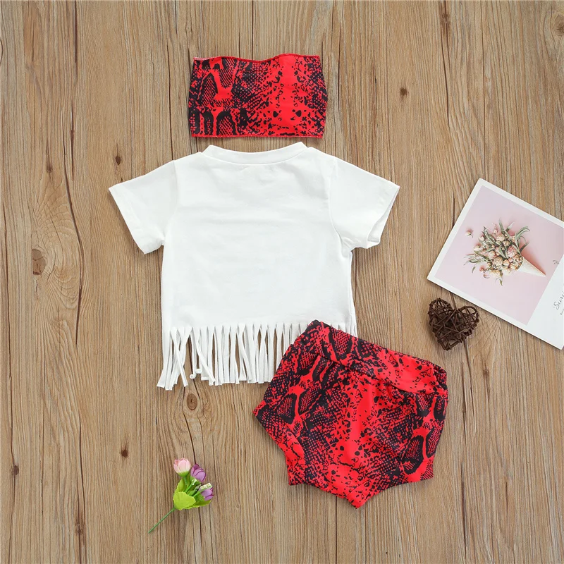 

3pcs Children Baby Girls Cotton Fashion Clothes Sets,Summer Short Sleeve Letter Print Tassel Tops+Shorts+Headband Set,0-24Months
