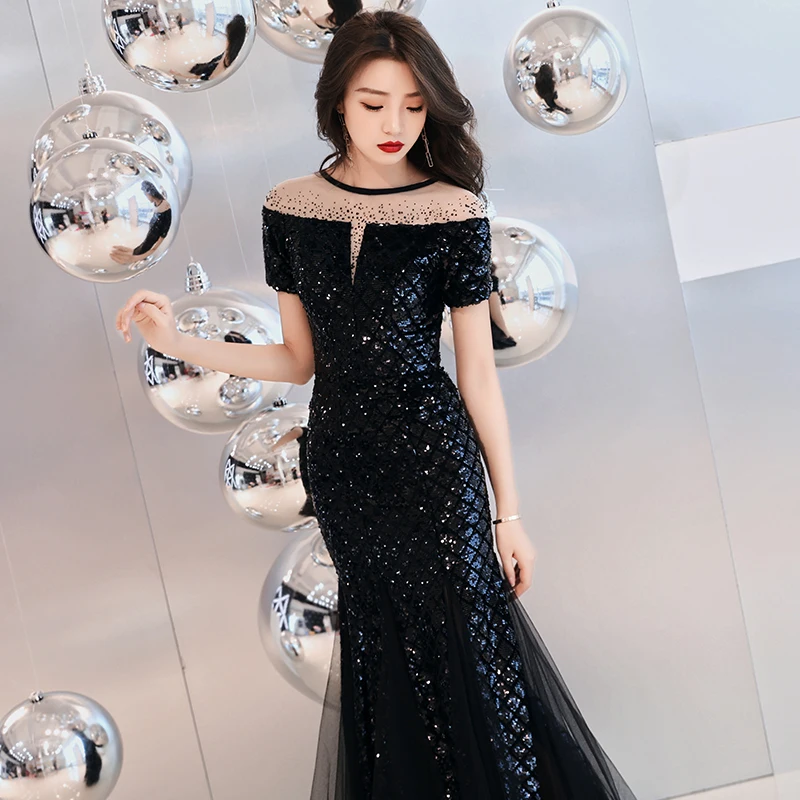 Великолепное вечернее платье русалки с блестками зубчатым вырезом коротким