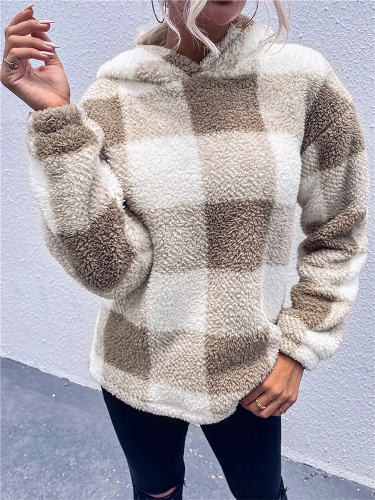 

Women Hooded Sweater 2021 Autumn Winter New Warm Plush Blouse Plaid Pullover Fashion Loose Comfortable Soft Fur Clothing Female