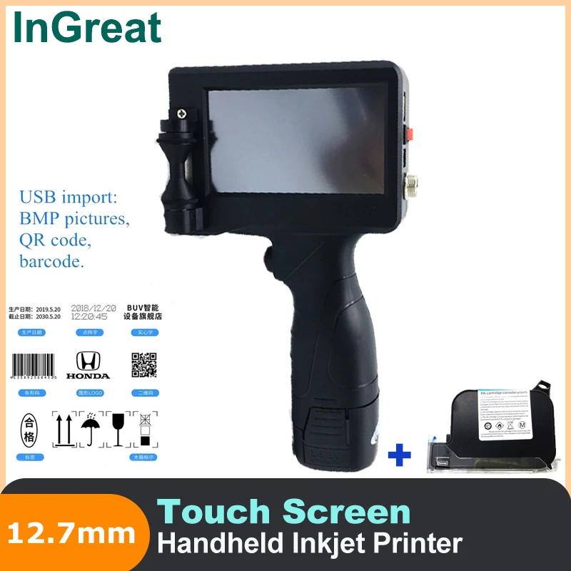 

12.7mm Portable Handheld Inkjet Printer Touch Screen Laser coder 600DPI USB QR Bar code Production Date logo Label English