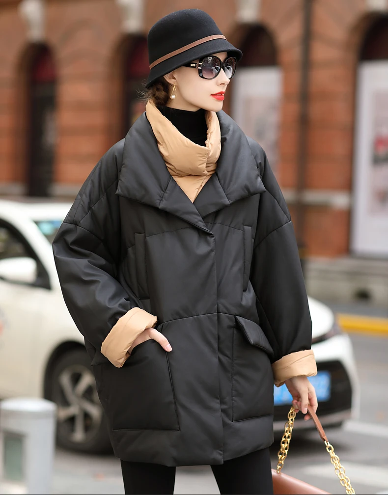 

Женская куртка из натуральной овечьей кожи, на белом утином пуху, зимнее пальто большого размера, теплая Женская одежда в Корейском стиле, ...