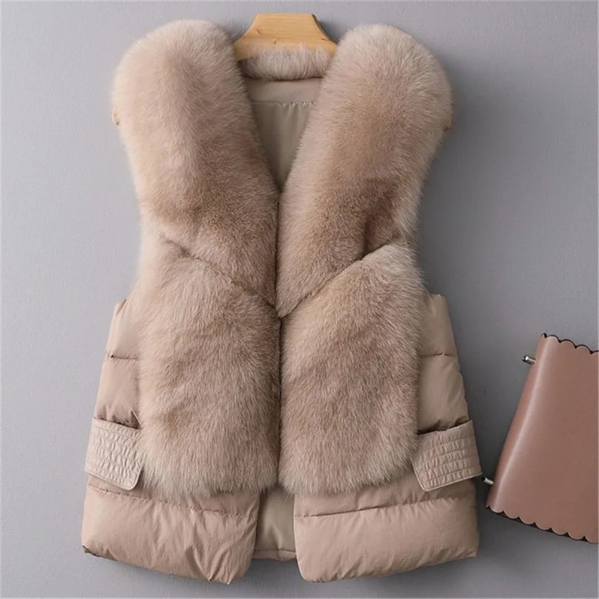 

New Winter Faux Fox Fur Vest Slim Women Light Down Vest Big Size White Down Vests Short Warm Sleeveless Coat Jacket Outwear 003
