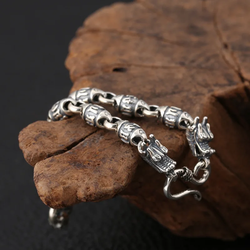 Genuine 925 Sterling Silver Jewelry Personality Six-Word Mantra Barrel Beads Silver Men Bracelet Retro Silver Jewelry