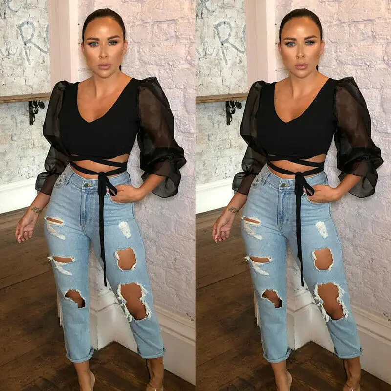 NEW Womens Sheer Mesh Puff Sleeve Cropped Tops Spliced Lace up Slim Fit Vest V Neck Retro Fashion hirts Blouse | Женская одежда