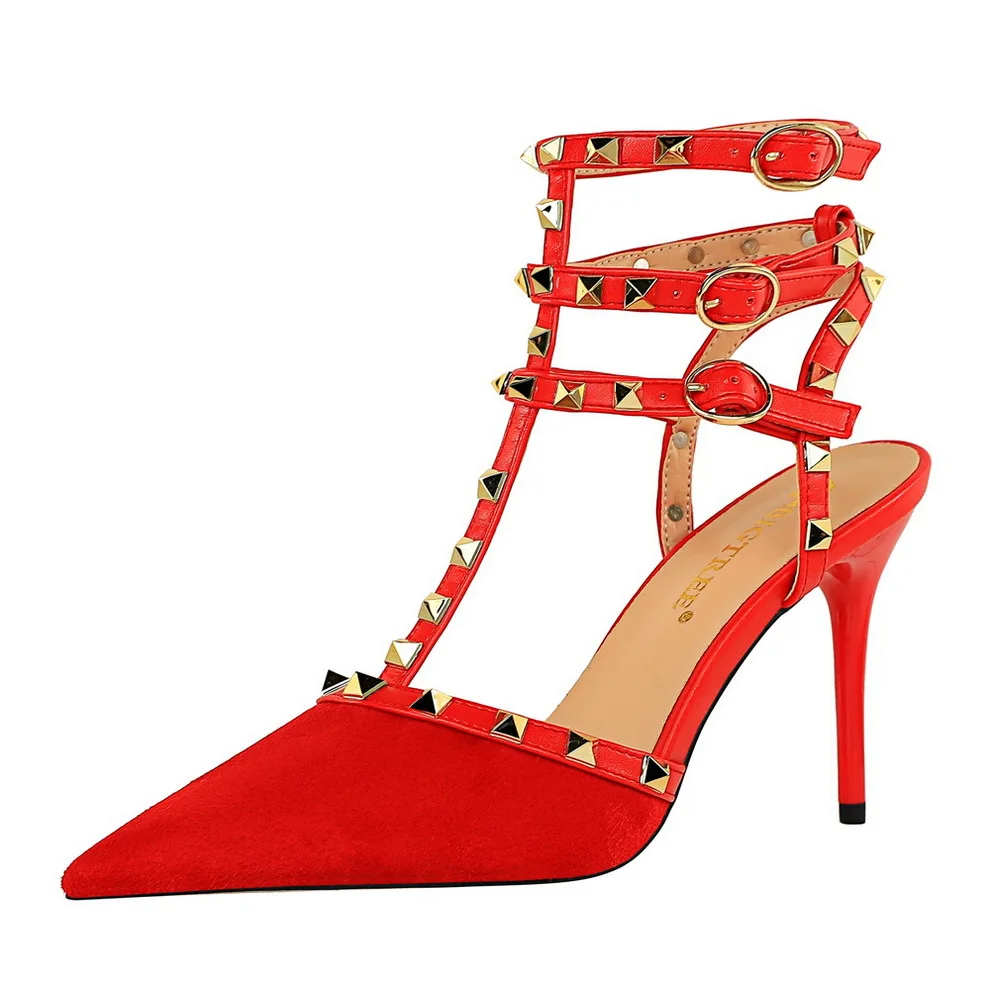 

2021 Roman-style Women Sandals Summer Sexy Club Ladies Pumps Flock Pointed-toe Rivets Female Office High Heels Woman Party Shoes