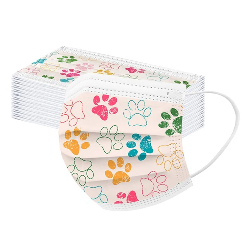 Маска для взрослых с рисунком кошачьей лапы 3-слойная тканевая одноразовая маска