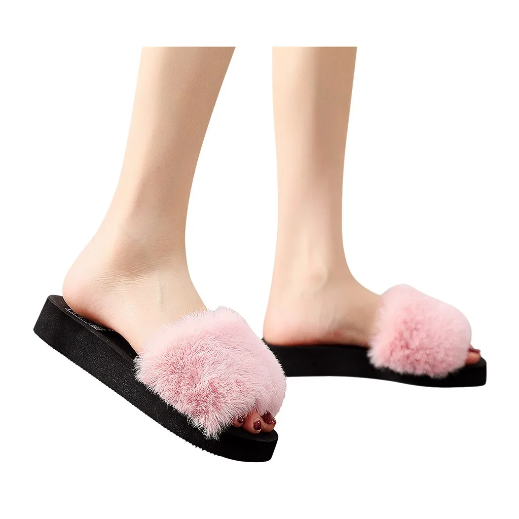 Pink Меховые шлепанцы; Милые Пляжные женские сандалии на танкетке; Вьетнамки с мехом; женские домашние тапочки; Уличная обувь на плоской подошве с искусственным мехом - Цвет: Pink