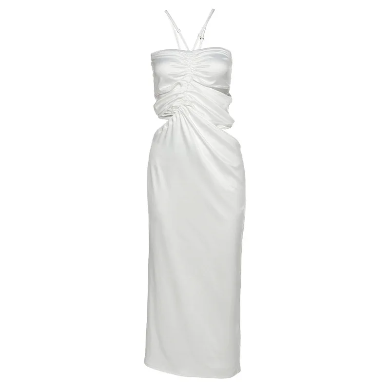 

FAKUNTN Women's Summer Dress 2021 Streetwear Hollow Out Sleeveless Backless Pleated Bandage Sexy Party Dress Woman Clothes