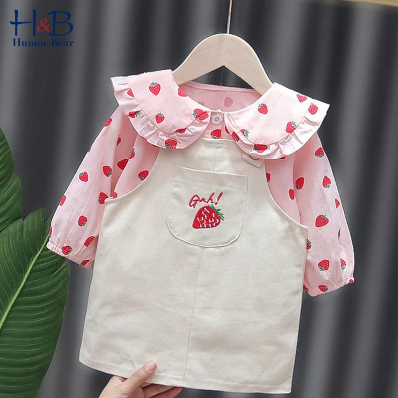 

Humor Bear Baby Girls Clothes Set Long Sleeve Cartoon Cartoon Fruit Printed Shirt+Strap Dress2pcs Cute Toddler Clothes