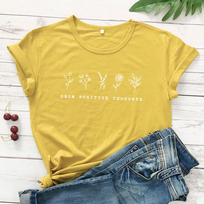 mustard-white text Футболка с надписью «Grow положительные идеи» винтажная женская футболка с цветочным принтом летняя вдохновленная футболка в стиле бохо - Цвет: mustard-white text