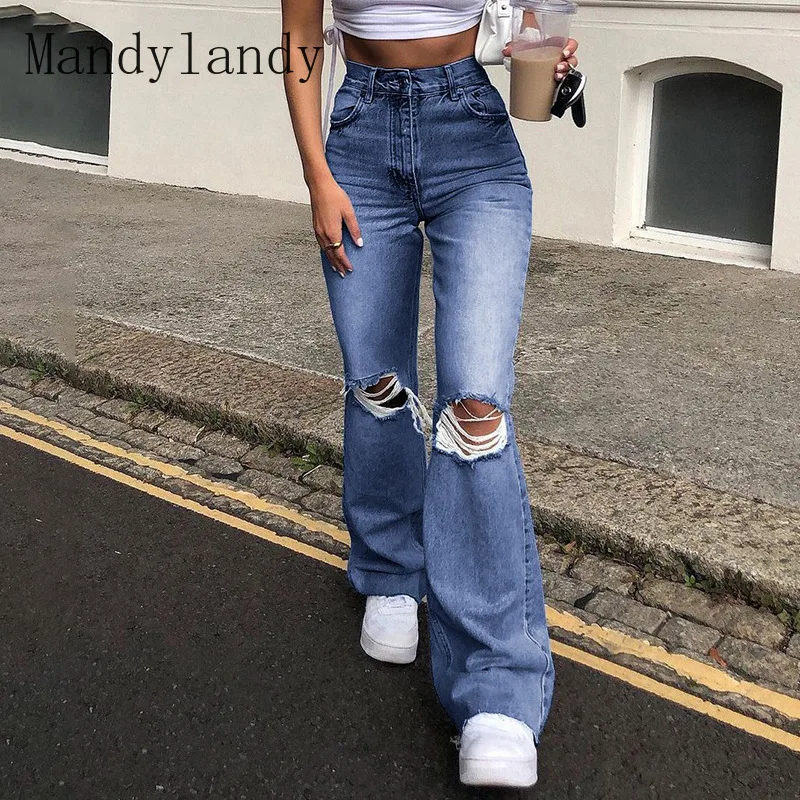 

Mandylandy Women Ripped Jeans Harajuku Denim Streetwear Hole Skinny Trousers Lady High Waist Flared Jeans Wide Leg Denim Pants