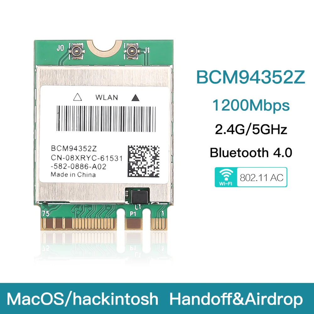 

Dual Band Wireless WIFI Card NGFF M.2 1200Mbps Bluetooth4.0 NGFF 802.11ac Wlan Adapter For Windows MacOS Hackintosh BCM94352Z