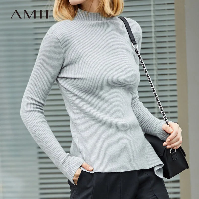 Amii минималистичный полосатый асимметричный свитер зимний женский полувысокий