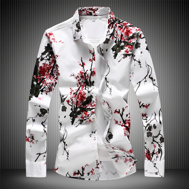 Рубашка мужская приталенная с длинным рукавом цветком сливы #2020 | Мужская одежда