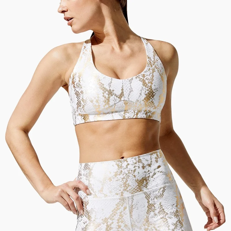 

Bronzing Snake Print Sports Underwear, Cross Beautiful Back Bra, Metallic Running Shockproof Fitness Vest Women