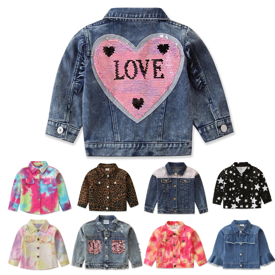 

Spring Autumn Kids Casual Jacket Girls Heart Sequins Ripped Holes Jeans Coats Little Boys Denim Outerwear Costume 12M-6Y JYF