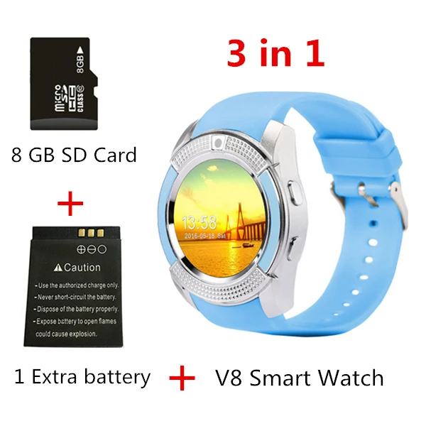 3 in 1 blue V8 Смарт-часы Bluetooth умные часы с сенсорным экраном наручные часы с камерой/слотом для sim-карты, водонепроницаемые Смарт-часы DZ09 X6 VS M2 A1 - Цвет: 3 in 1 blue