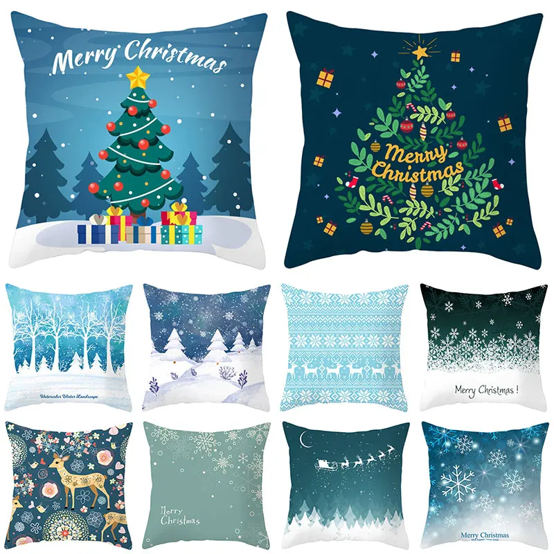 

Зимний Рождественский чехол с изображением лося и белых подушек, чехол в рождественском стиле, чехол для дивана, синего цвета, декоративный ...