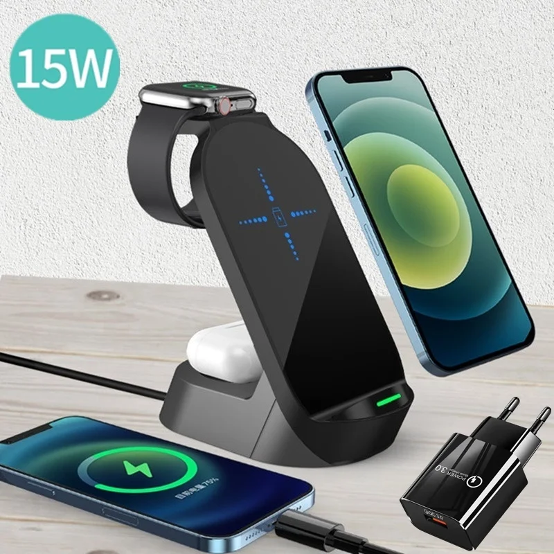 

Беспроводное зарядное устройство 4 в 1, подставка для Apple Watch 6 5 4 3 2 Airpods Pro 15 Вт, быстрая зарядная станция для Iphone XR XS 11 12 13 Pro MAX