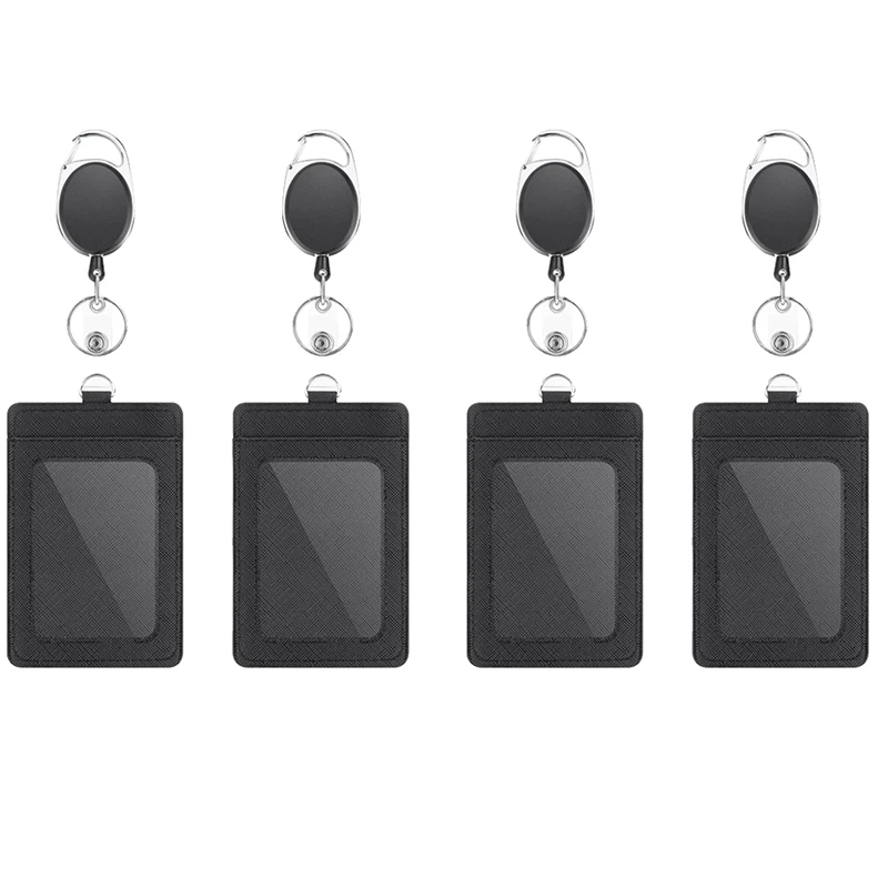 

2 x Badge Holders and Heavy Duty Retractable Reel Clips Set,Vertical PU Leather Badge Holders Clear ID Window Card Slots