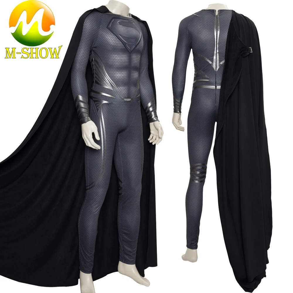 

2021 Superhero Clark Kent Cosplay Costume Black Suit Jumpsuit Cape Boots Full Set Halloween Outfits for Adult Men Any Size
