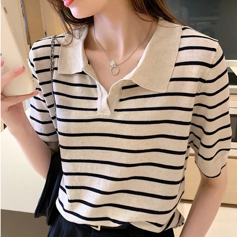 Женская футболка в полоску вязаный свободный универсальный топ с коротким