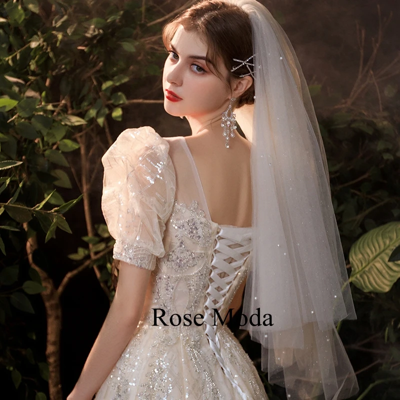 

Rose Moda Short Sleeves Glittering Lace Wedding Dress Custom Make
