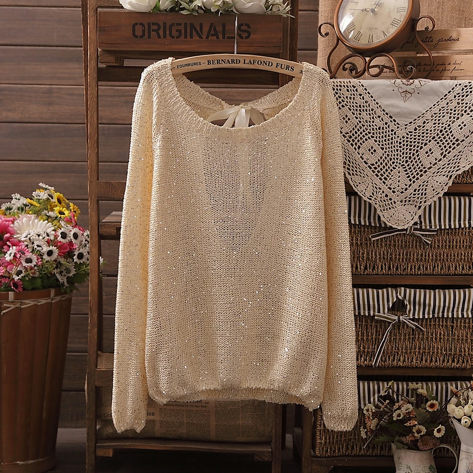 Женский вязаный свитер с блестками Свободный пуловер большого размера длинными