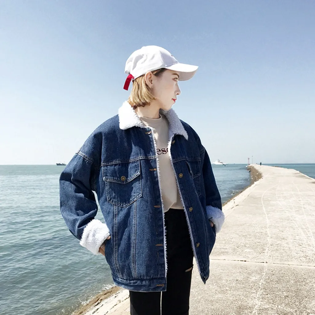 Женская джинсовая куртка с мехом Осенняя зимняя теплая в винтажном стиле длинным
