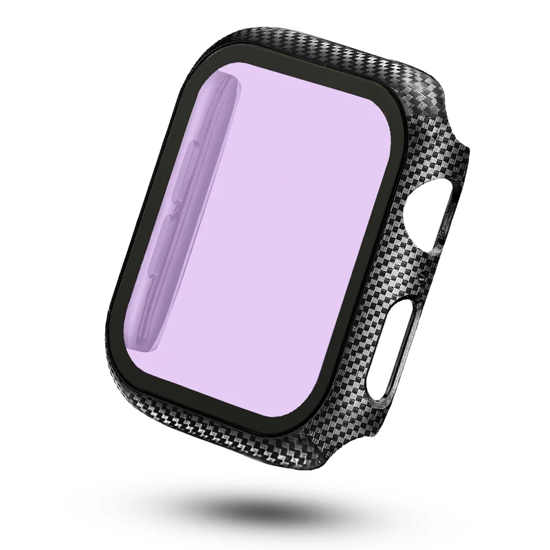Black PC Case with Glass Film for Apple Watch Cover Series 6 SE 5 4 3 Carbon Fiber Pattern Screen Protector Bumper 40mm 44mm