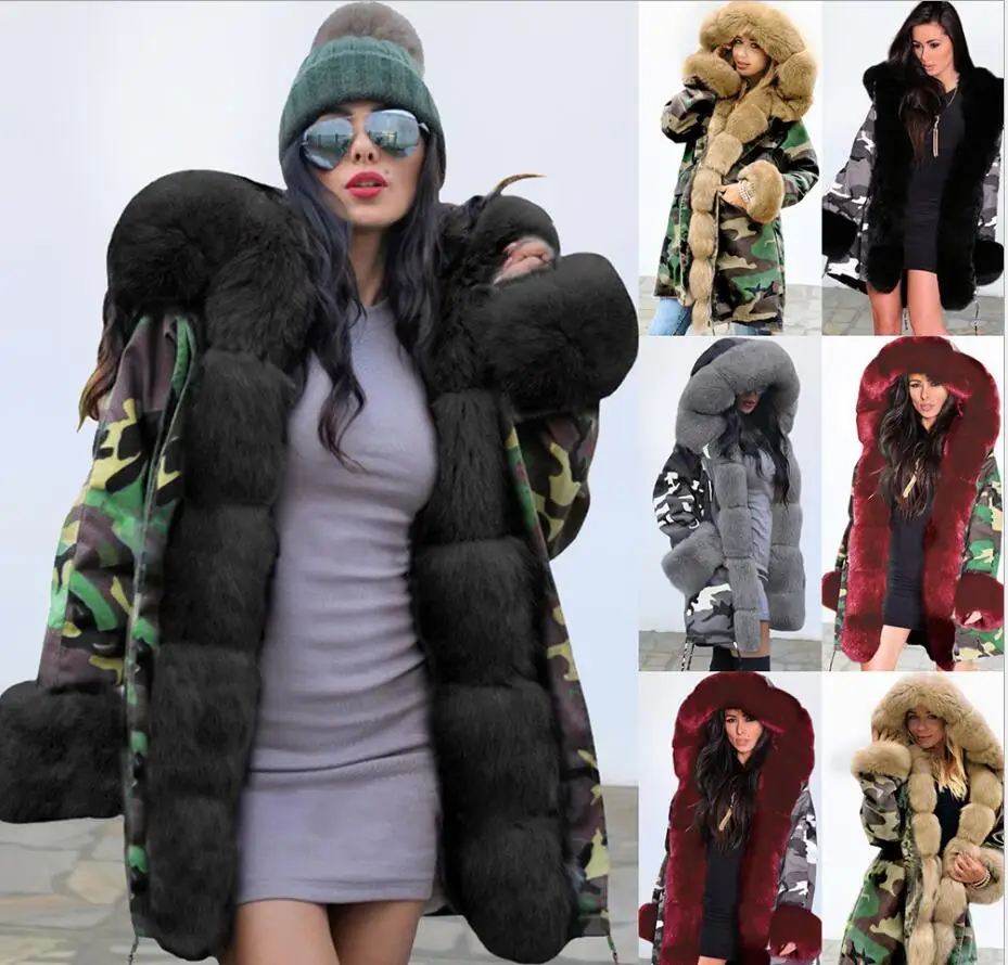Warm Women's Long Jacket Coat Hooded Camouflage Ladies Jacket Solid Color Winter Plush Collar Warm Jacket