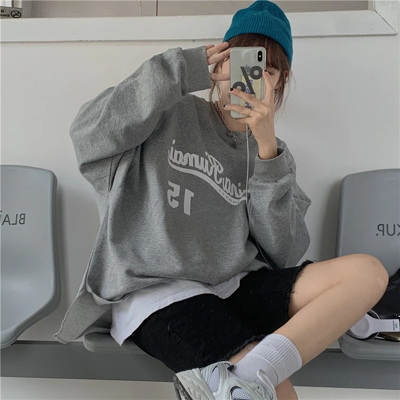 

Новинка Осень 2020 корейские шикарные женские толстовки спортивные топы свободные тонкие повседневные ленивые печатные буквы с длинными рук...
