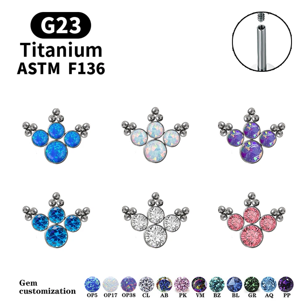 

G23 F136 Titanium Implant Grade Opal CZ Earrings 16G Labret Internal Thread Earrings Tragus Cartilage Ladies Body Hand Polished