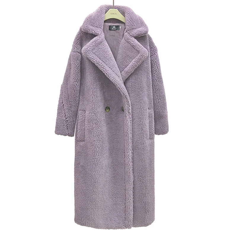 Light Purple Тедди пальто кокон форма с длинными рукавами ягнята зимнее шерстяное пальто из искусственного меха утолщение теплая длинная куртка женская Свободная куртка верхняя одежда - Цвет: Light Purple